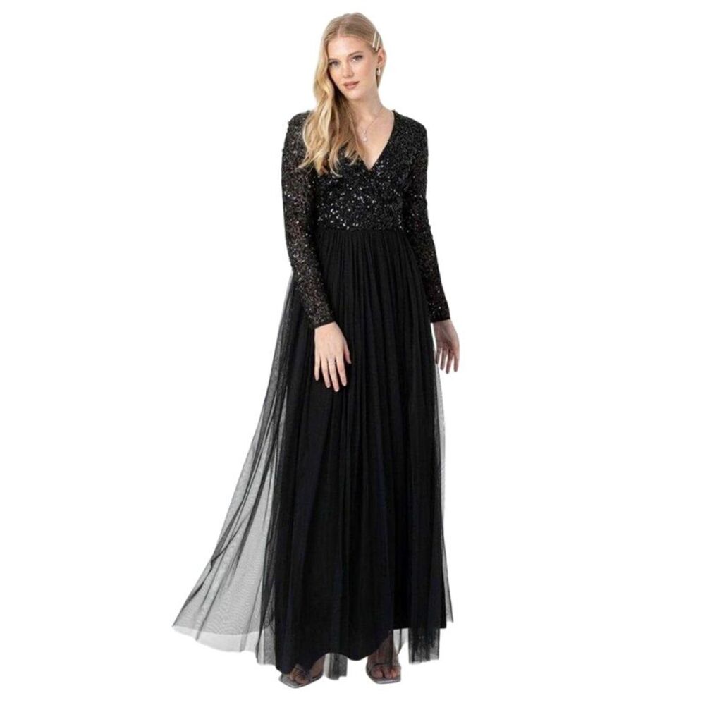 Maya Deluxe Womens/Ladies Sequin V Neck Long-Sleeved Gown / Black